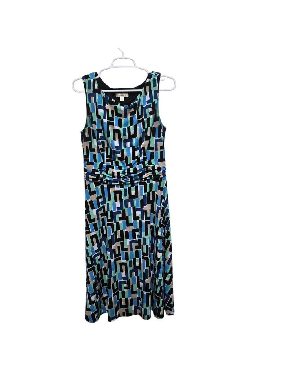 DressBarn Geometric Print Ruched Midi Dress Size 12 Blue Black